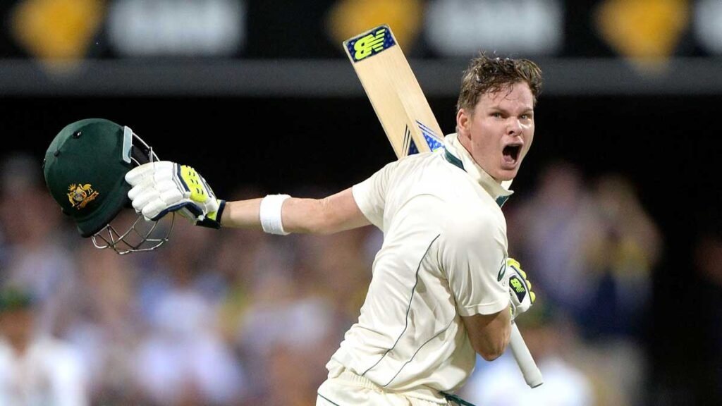Steve Smith celebrates reaching his century in Brisbane
