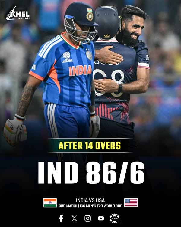 After 14 overs, India 🇮🇳 are 86/4 against U.S.A. 🇺🇸 in the 3rd Match, Group A at Mumbai, T20 World Cup! 💥🏏